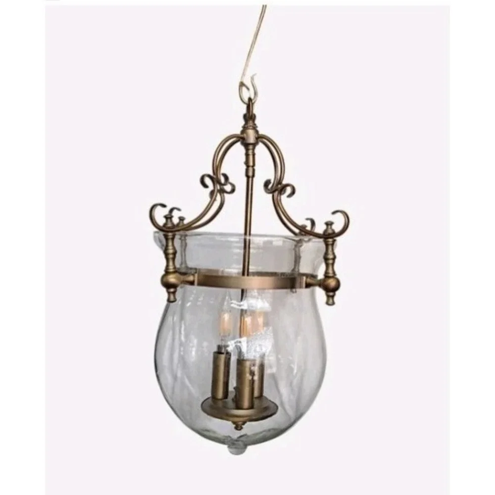 Brass French Bell Vintage Three Bulb Pendulum Chandelier Light